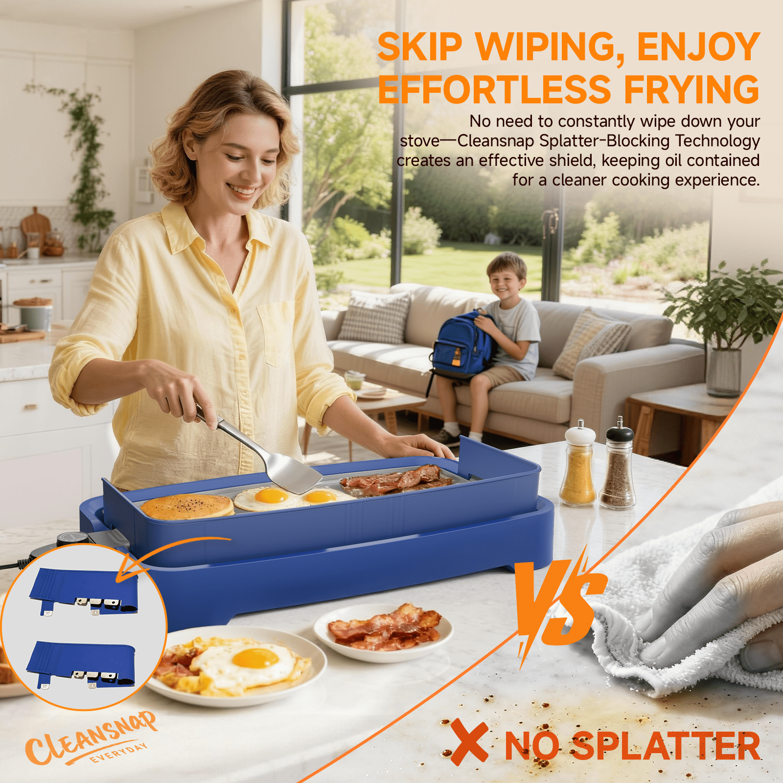 SENSCHEF Cleansnap Everyday 20 inch Electric Griddle, 1700W Rapid Heating, Foldable Anti-Mess Shield, PPG Ceramic Nonstick, Dishwasher Safe, Ocean Blue