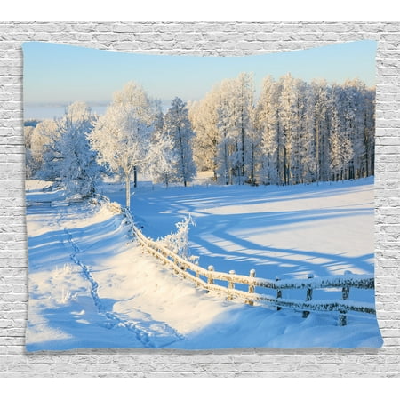 Valley Oak Decor Kit - Farm House Decor Tapestry, Winter Snow Valley with Oak Borders Pines Frozen Pastoral High Cold Lands , Wall Hanging for Bedroom Living Room Dorm Decor, 60W X 40L Inches, White Blue, by Ambesonne