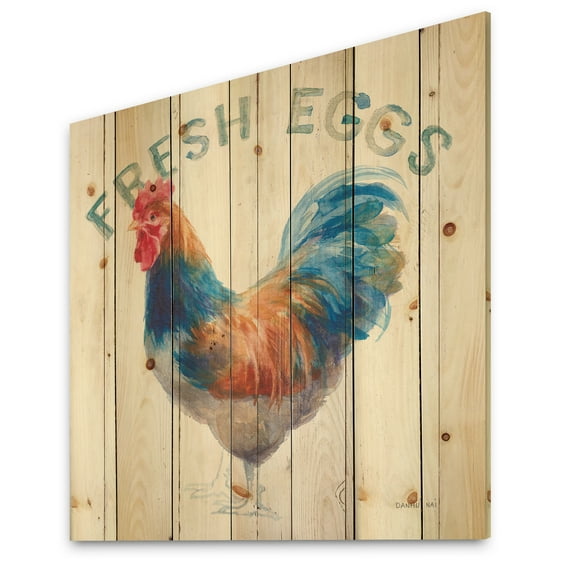 Designart 'Wood Farm Roaster On White II' Farmhouse Print on Natural Pine Wood