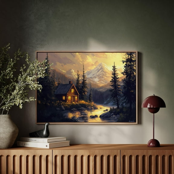 Rustic Cabin Sunset, Mountain Lake, Cozy Log Cabin Print, Warm Glow Wilderness Decor, Tranquil Nature Landscape Wall Art, Modern Wall Decor, 8x12 UNFRAMED