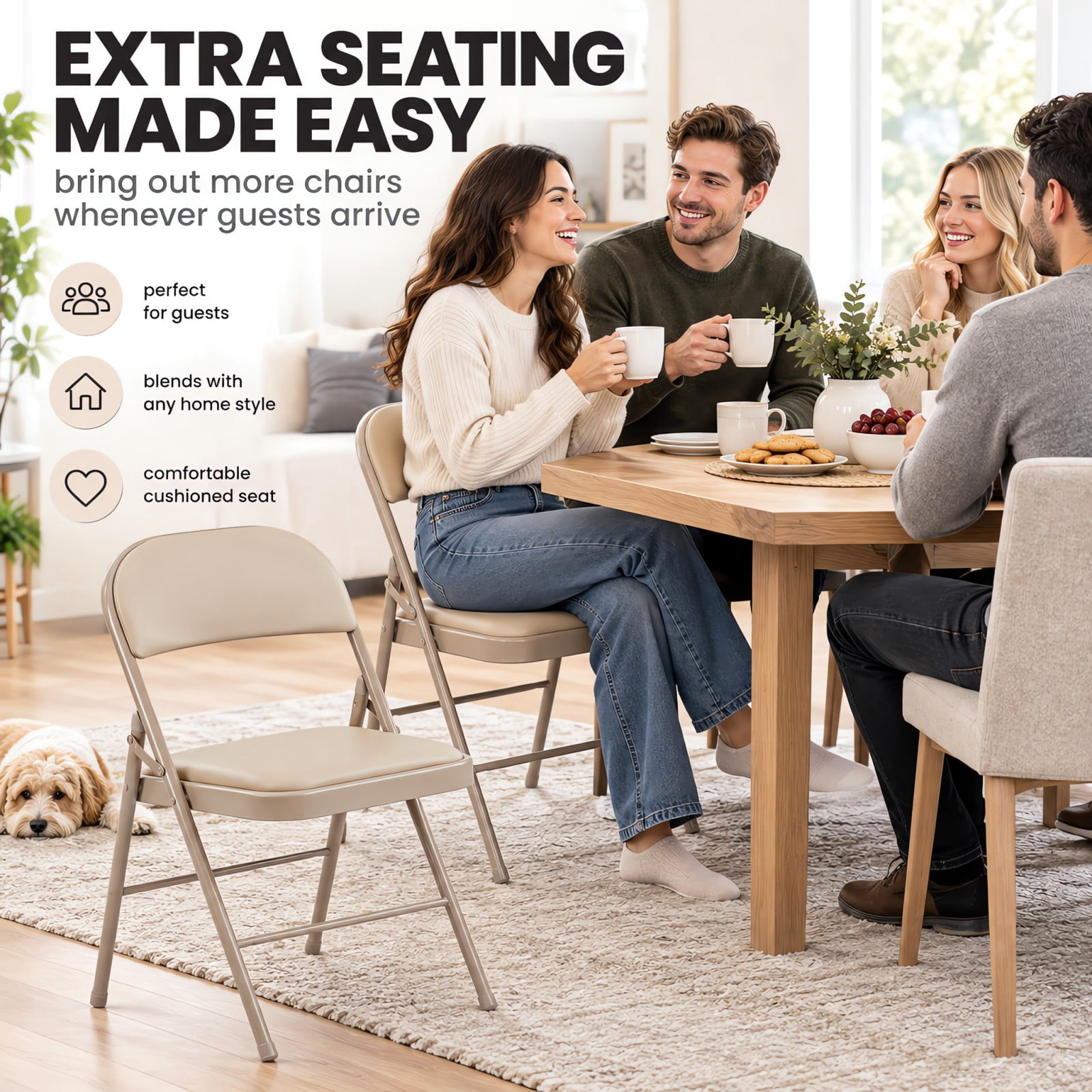 Telyra 4 Pack Folding Chairs Leather Padded Seat and Backrest Foldable Metal Chairs for Indoor Outdoor Use,khaki