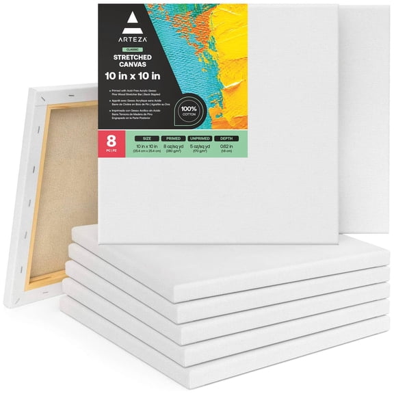 Arteza 10" x 10" Stretched Canvas, Set of 8, White Cotton