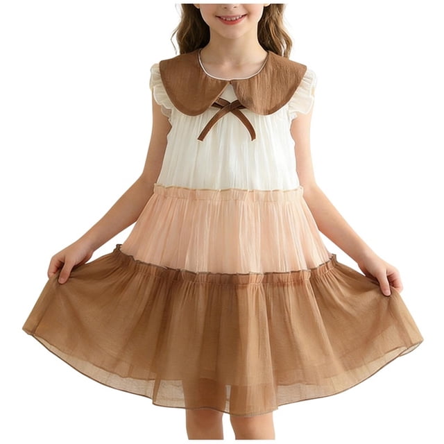 Odeerbi 2-7 Años Niñas Color Bloque Vestido En Capas Vintage Peter Pan Cuello A-Línea Vestido de Tanque Ruffle Tulle Vestido de Princesa