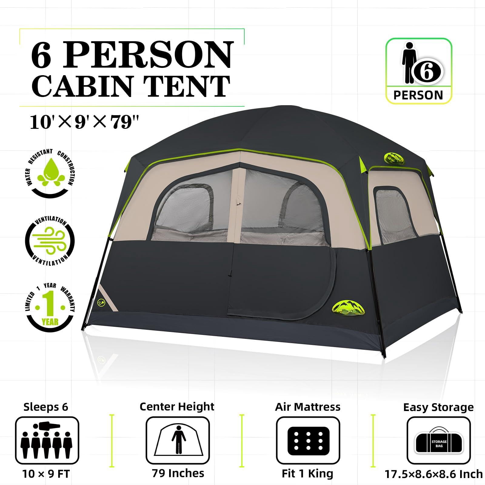 Tent 6 Person Tents For Camping  Waterproof Easy Setup With Rainfly Portable Large Family Cabin 5 Mesh Windows And Carry Bag Outdoor & Hiking
