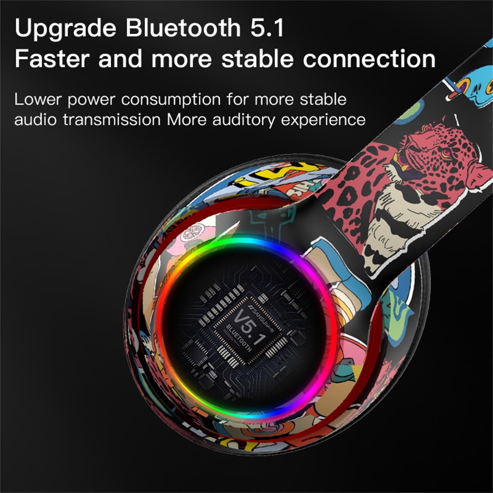 Cool Graffiti LED Wireless Gaming Headset - Bluetooth 5.1 Over-Ear Headphones with Mic for Xbox/PC, RGB Lights & 8H Playtime - Great Gift for Teens