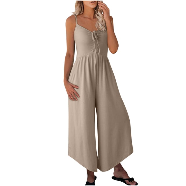 Besolor Womens Summer Jumpsuits Spaghetti Straps Ruched Drawstring Wide Leg Pants Outfits Romper Casual Beach Jumpsuits