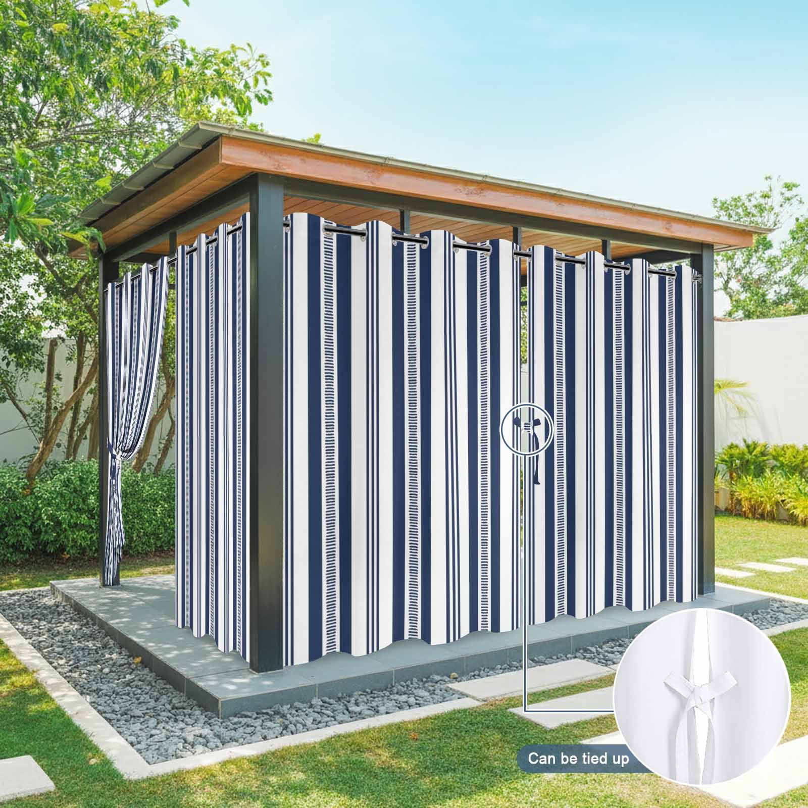 Navy Blue Striped Outdoor Curtains for Patio, Modern Farmhouse Stripes Rustic Geometric Sunshade Privacy Drapes Grommet Waterproof Outside Curtains for Porch/Cabana/Balcony 54"x 108", 1 Panel