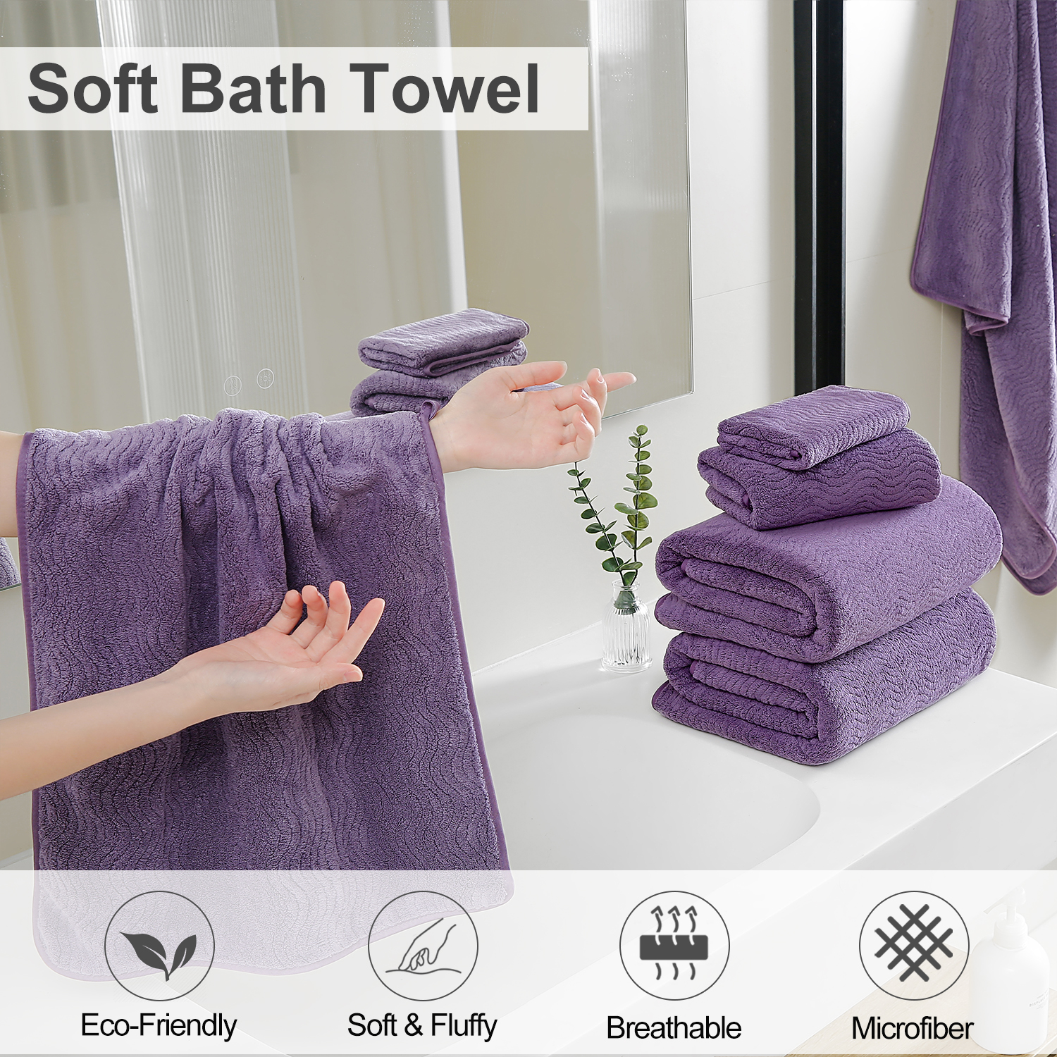 Covina Home 8 Pcs Bath Towel Set Dark Purple Microfiber Bathroom Towel Set Ultra Soft Plush Oversized Towels Adult Luxury Bath Sheet