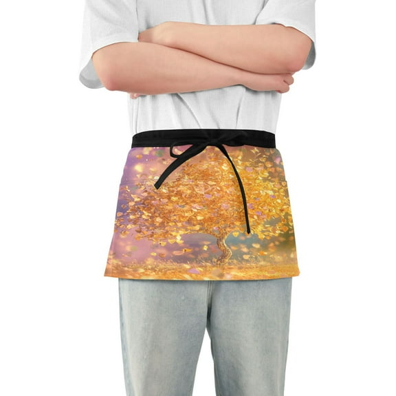 Golden Tree with Leaves Falling Server Apron with 3 Pockets Waterproof Waitress Waist Short Apron for Man Woman 12 Inches