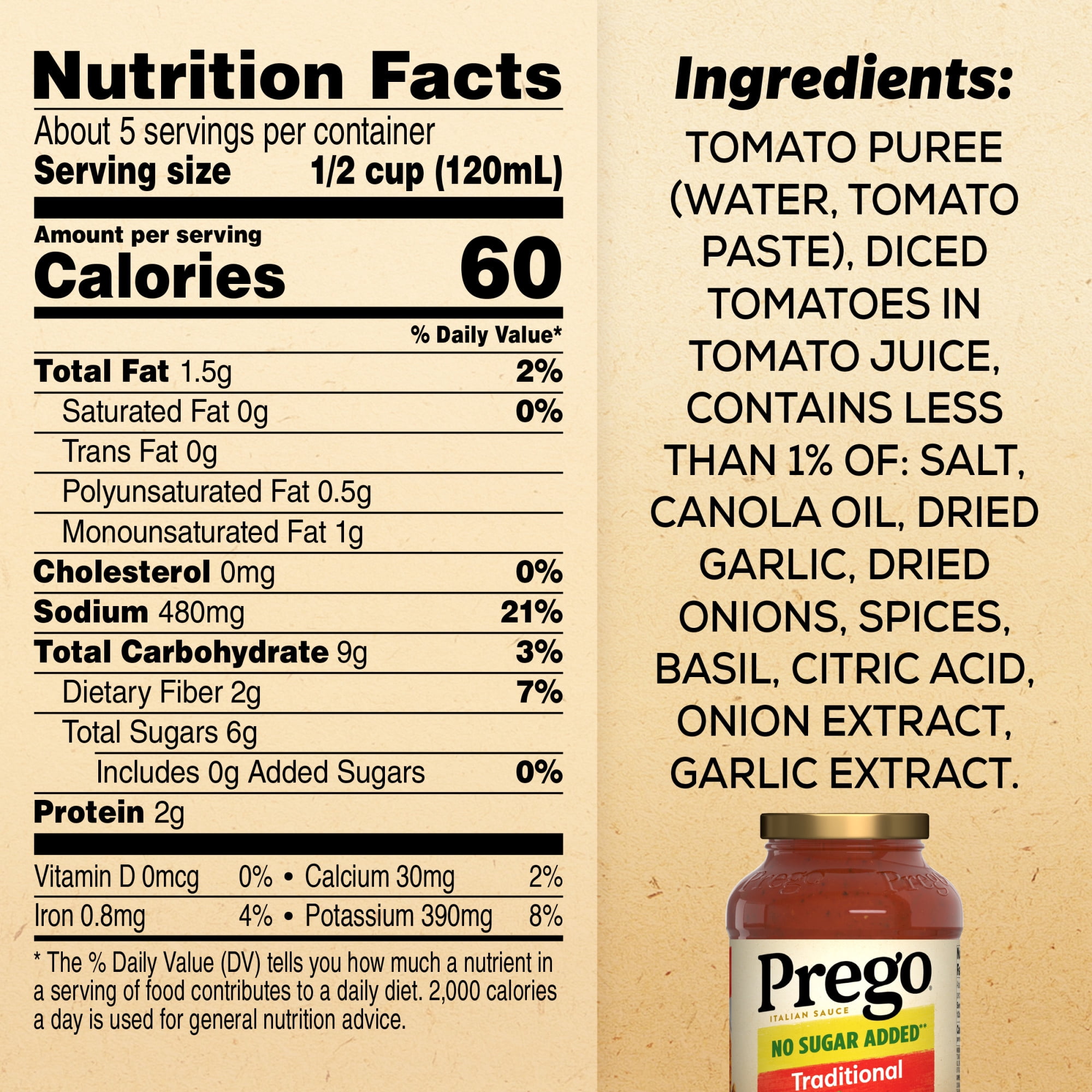 Prego Traditional No Sugar Added Pasta Sauce, 23.5 oz Jar