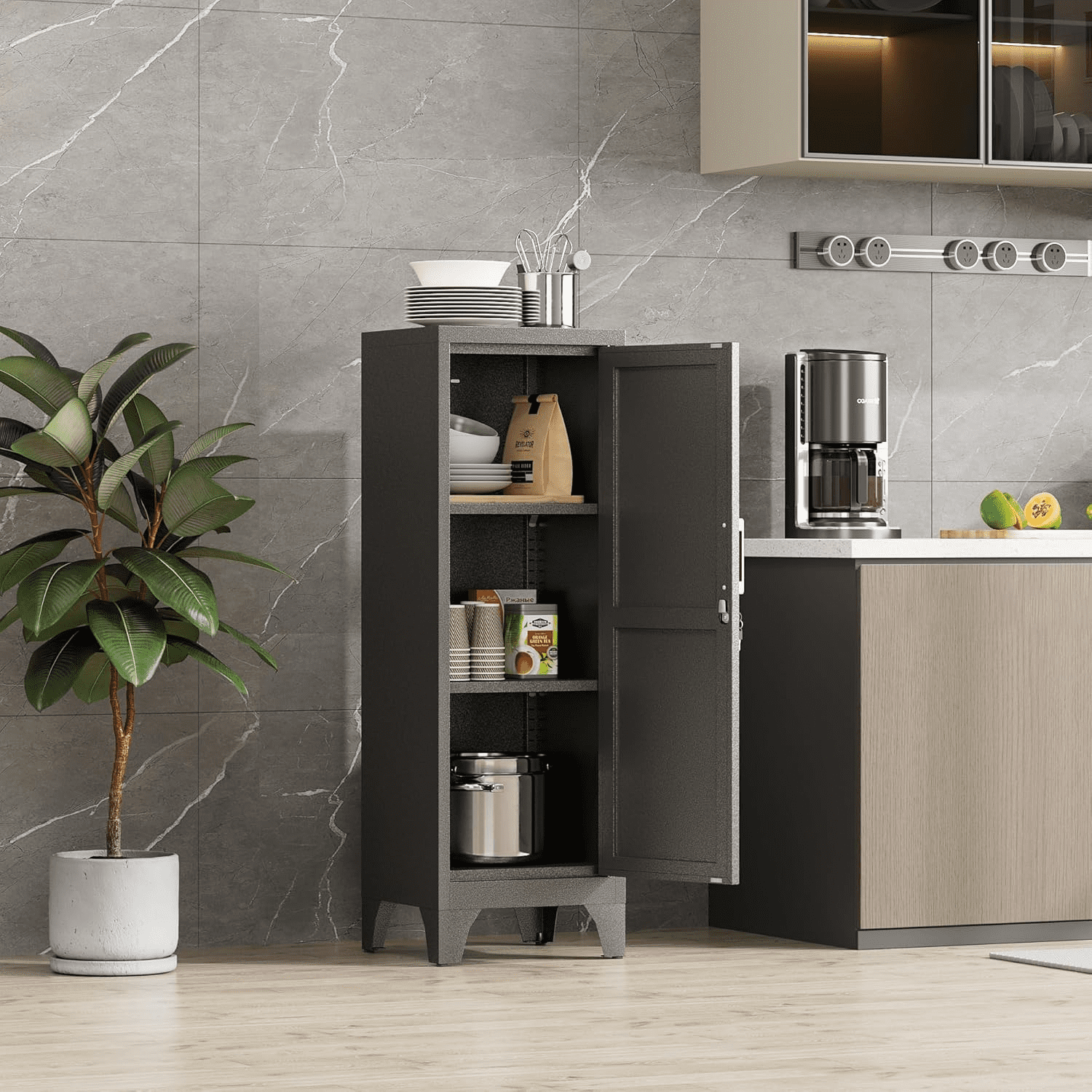 46"H Black Metal Pantry Cabinet with 1 Lockable Door and 2 Adjustable Shelves, 3 Tier Small Storage Cabinet with Detachable Legs and Vintage Handle for Kitchen,Home Office,Gym,School,Easy Assembly