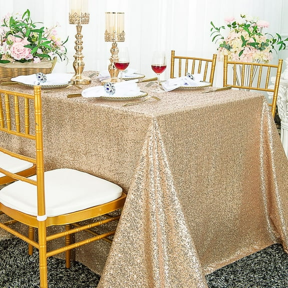 Wedding Linens Inc. 90" x 132" Retangular Sequin Taffeta Tablecloth - Champagne