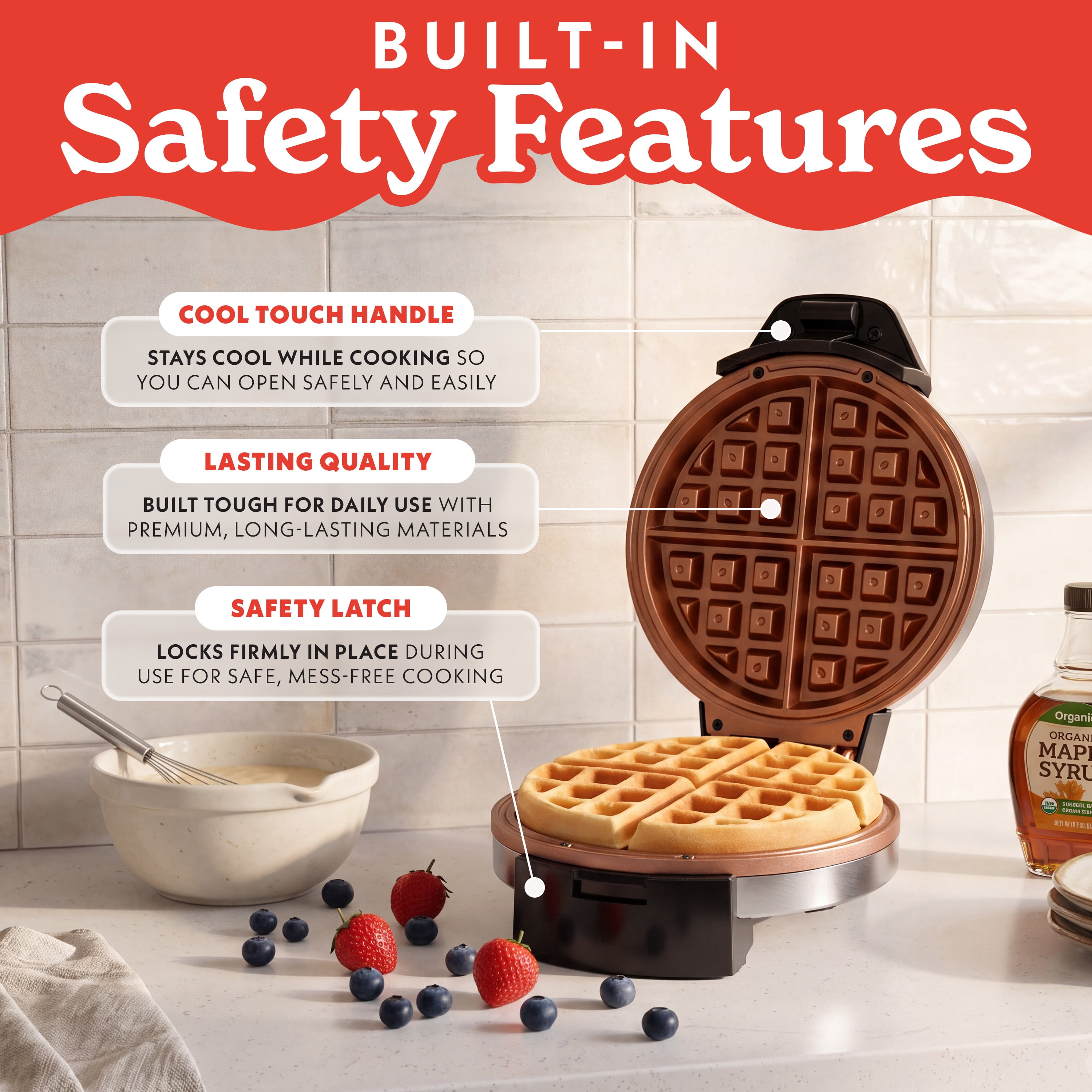 Gourmia Belgian Waffle Maker with Dual Heating, Nonstick Ceramic Plates & Browning Control