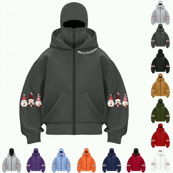 Towmus Balaclava Hoodie Zipper Double Hooded Jacket Ugly Gnome Print Long Sleeve Christmas Graphic Hoodies Sweatshirt Holiday Tops, Unisex