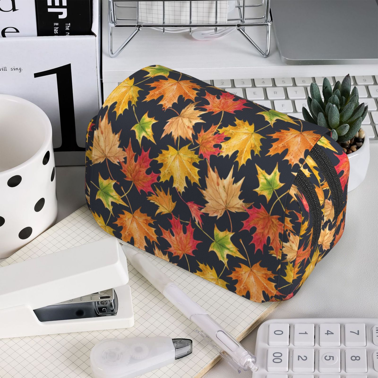 Rateoe Colorful Maple Leaves Pattern Double Clamshell Pen Case, Storage Organizer with Two Zipper Compartments– Holds Up to 50 Pencils & Pens