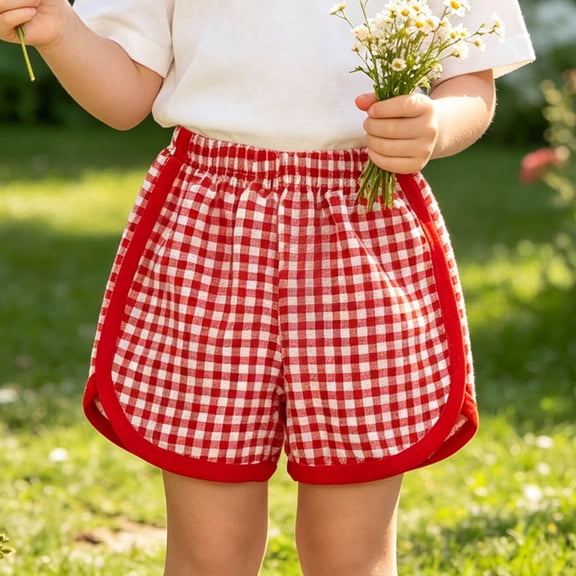 FRSASU Girl's Dolphin Plaid Shorts Casual Loose Elastic Waist Athletic Dance Running Summer Patchwork Shorts Red
