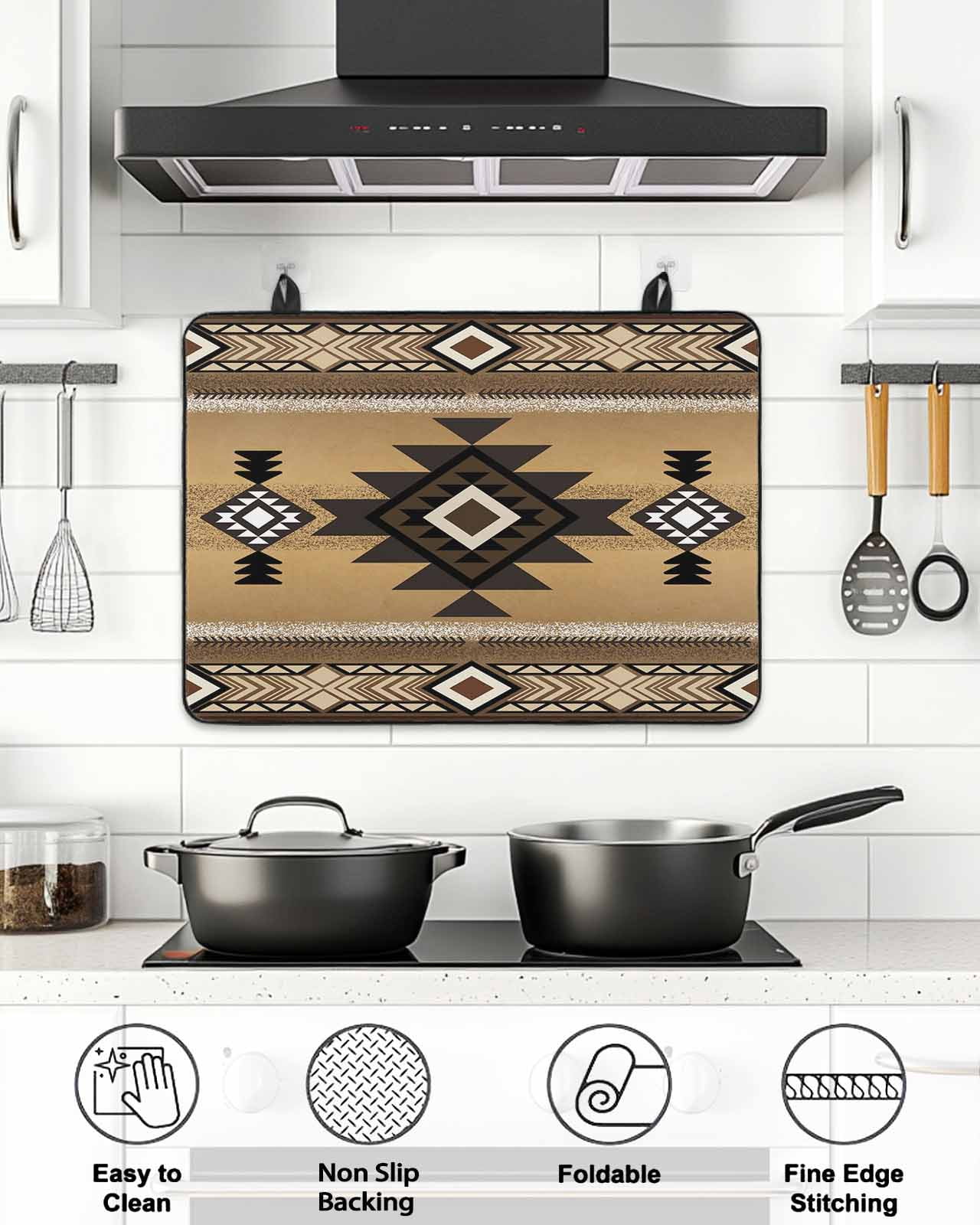 Stove Top Covers for Electric Stove, Brown Southwest Glass Stovetop Cover Protector, Boho Aztec Ethnic Abstract Geometric Induction Cooktop Protector Oven Mat for Kitchen Countertop 24"x21"