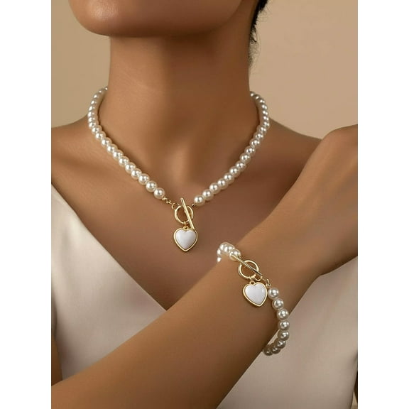 EOEMY Heart Charm Faux Pearl Beaded Necklace & Bracelet Jewelry Set Jewelry Gift For-Default