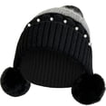 thumbnail image 4 of Women's Winter Knit Hat with Three Pom Poms, Cute Beaded Korean Style Beanie, Warm Ear Protection Cap, Fashion Slouchy Beanie, Soft Yarn Winter Hat, Cold Weather Cap - Black, 4 of 4