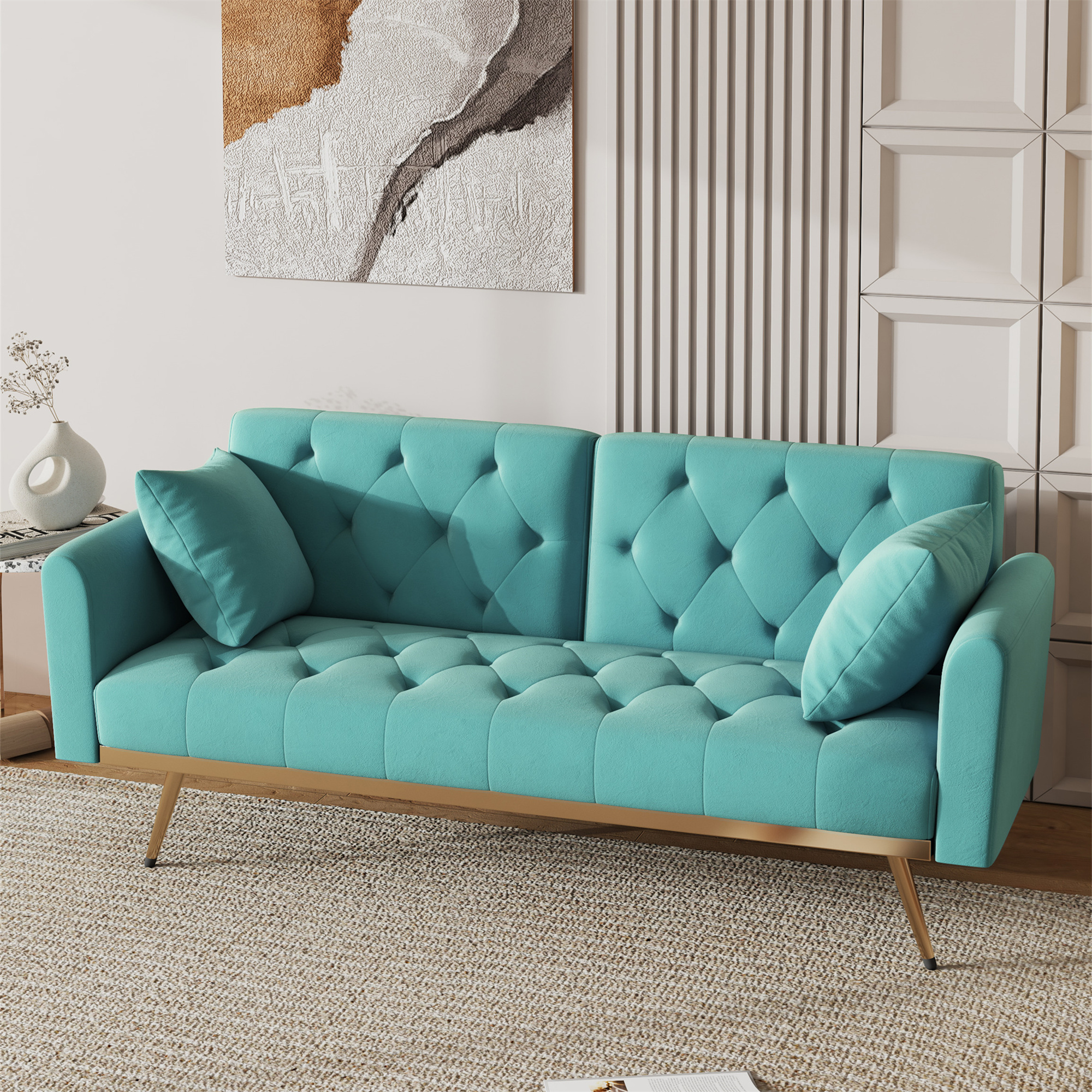 Aukfa Velvet Futon Convertible Sofa Bed for Home Office, 2 Pillows, Upgraded Metal Base, Teal