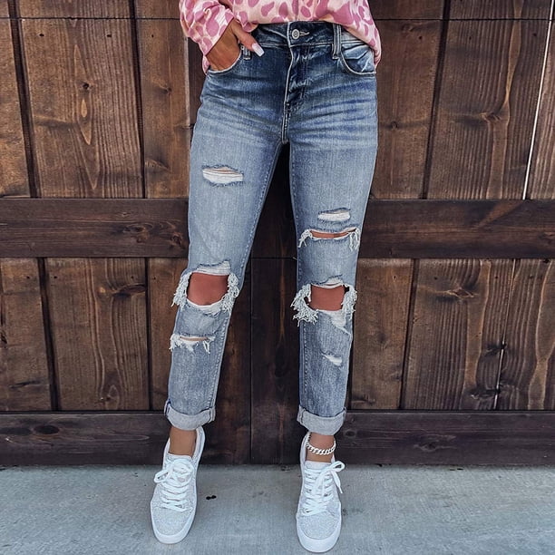 WILLBEST Pantalones Mujer Pantalones Vaqueros Boyfriend Desgastados para Mujer, de Mezclilla Elástica, de Tiro Medio, Rotos, Casuales, Cómodos para Uso Diario Grande