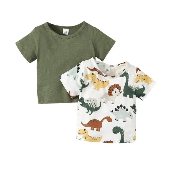 Kucnuzki Newborn Baby Boys Tops Solid Color T-shirt Top Dinosaur Print T-shirt Top 2pcs Summer Green 9-12 Months