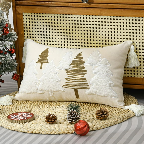 Lewondr Christmas Pillow Covers 12x20 Inch 1PCS Soft Cute Pellet Velvet Embroidery Trees Brown White Decorative Lumbar Pillow Cover with Tassel Luxury Throw Pillow Case for Bed Home Decor Living Room