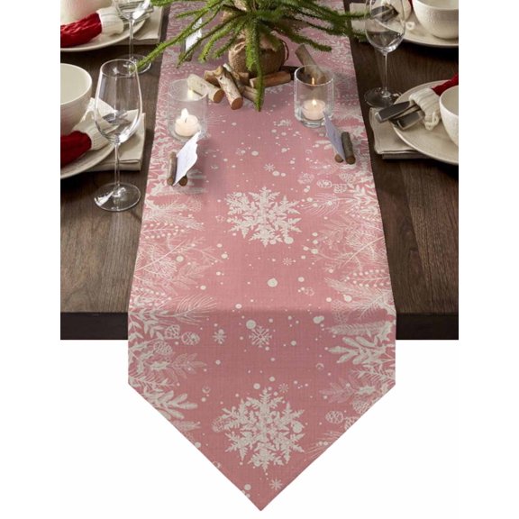 Table Runner Dresser Scarves Christmas Leaves Pine Cone Sketch Cotton Linen Burlap Table Cover White Snowflake on Pink Linen Table Runners for Family Kitchen Dining Holiday Party Banquet Decor