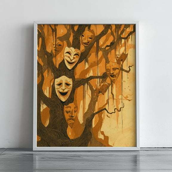 MSFCON Creepy Halloween Masks on Tree - Vintage Spooky Wall Art, Surreal Salvador Style, Rustic Autumn Decor, Halloween Decor