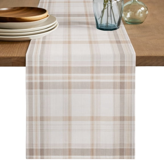 Brown Beige Plaid Short Table Runner 60 Inches Long, Farmhouse Checkered Buffalo Cotton Linen Table Runners Dresser Scarves, Fabric Tabletop Scarf Furniture Cover for Home Dinner Party Decor 13"x60"