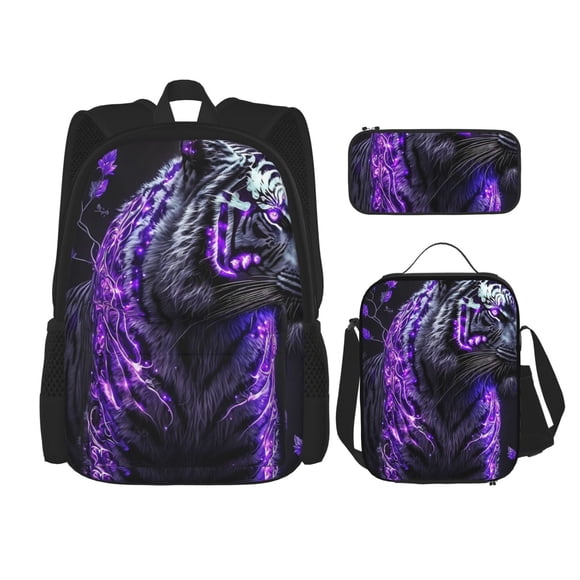 Kdxio Purple Plant White Tiger Print School Study Combo Set Backpack with Lunch Bag Pencil Case Oxford Lightweight Durable Travel Organization Kit