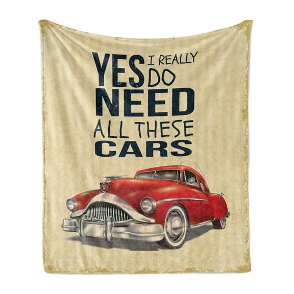 Saying Soft Flannel Fleece Throw Blanket, Yes I Really Do Need All These Cars Old Havana Style Retro Vehicle and Stripes, Cozy Plush for Indoor and Outdoor Use, 50" x 60", Beige Pearl, by Ambesonne