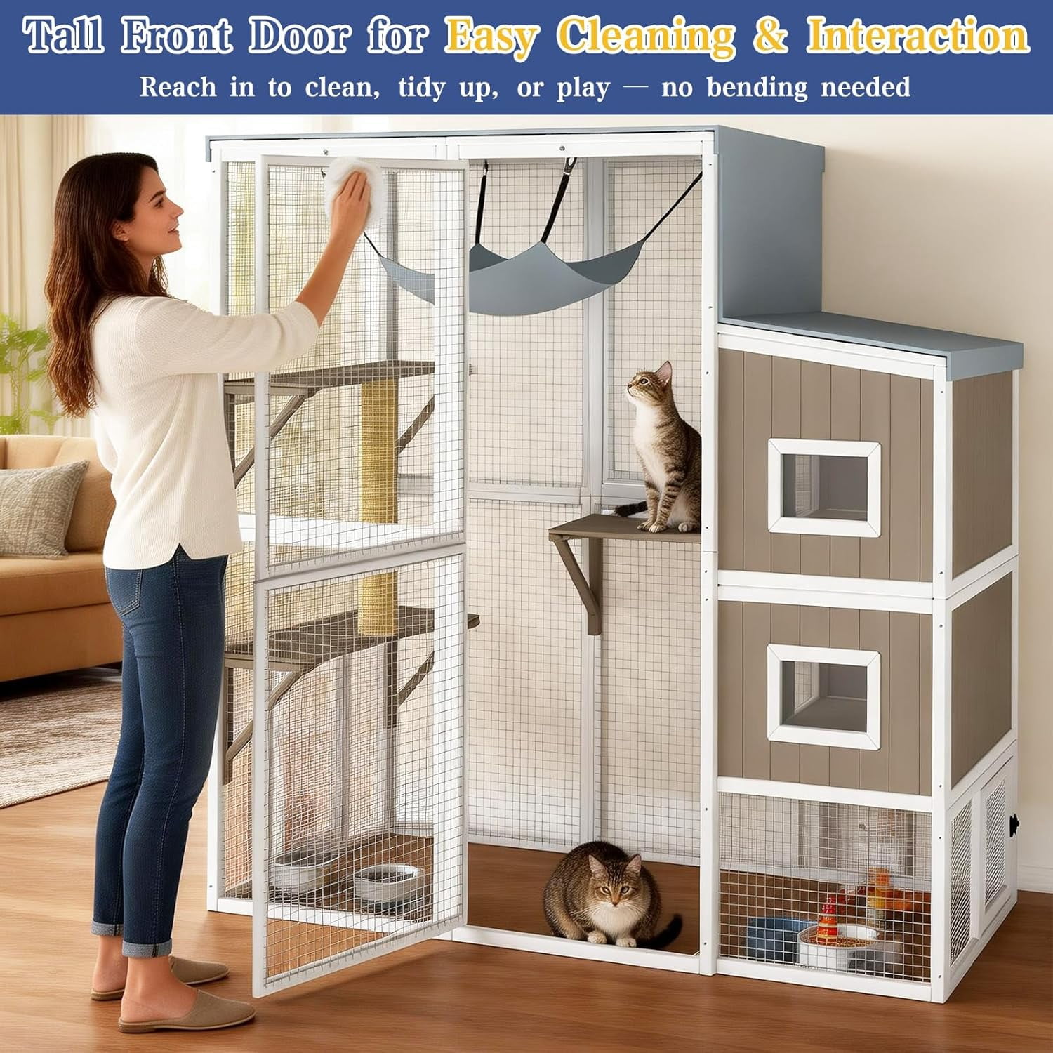 Large Outdoor Catio Cat Enclosure, Walk-in Wooden Cat House with 4-Level Play Platforms, Removable Roof Cover & Window Connection, 75"L