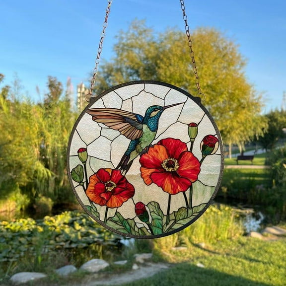 Hummingbird with Poppy Flowers Painted Stained Glass Suncatcher, Window Hanging Decor, Gift for Mom, Bird and Flowers Glass Art
