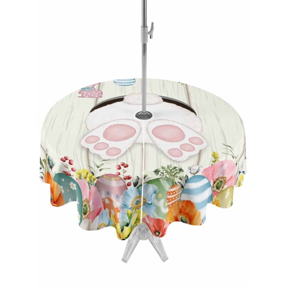 Outdoor Tablecloth with Umbrella Hole and Zipper, Easter Round Table Cloth 54 Inch Waterproof Tablecloth, Spring Farmhouse Watercolor Bunny Eggs Wood Grain Picnic Table Cover for Patio Camping