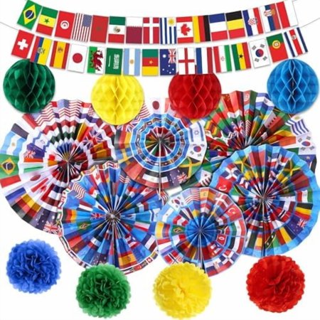 15 Pcs International World Flags Decorations Around The World Hanging Paper Fans Country Flags Banner Bunting Paper Pompoms Honeycomb Ball for Around The Nation Classroom Sport Supplies