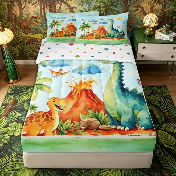 Metsweet Watercolor Dinosaur Zipper Twin Comforter Sets with Fitted Sheet and 2 Pillowcases, Cartoon Jungle Animal Zipper Bedding Set, Orange Green,4-Piece