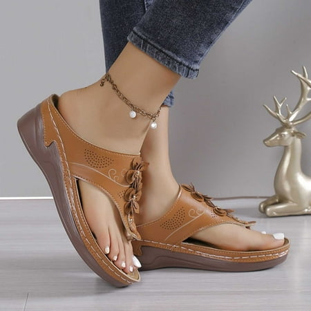 

Wavsuf Sandals for Women with Arch Support Solid Wide Casual Summer Brown Sandals Shoes Size 6.5