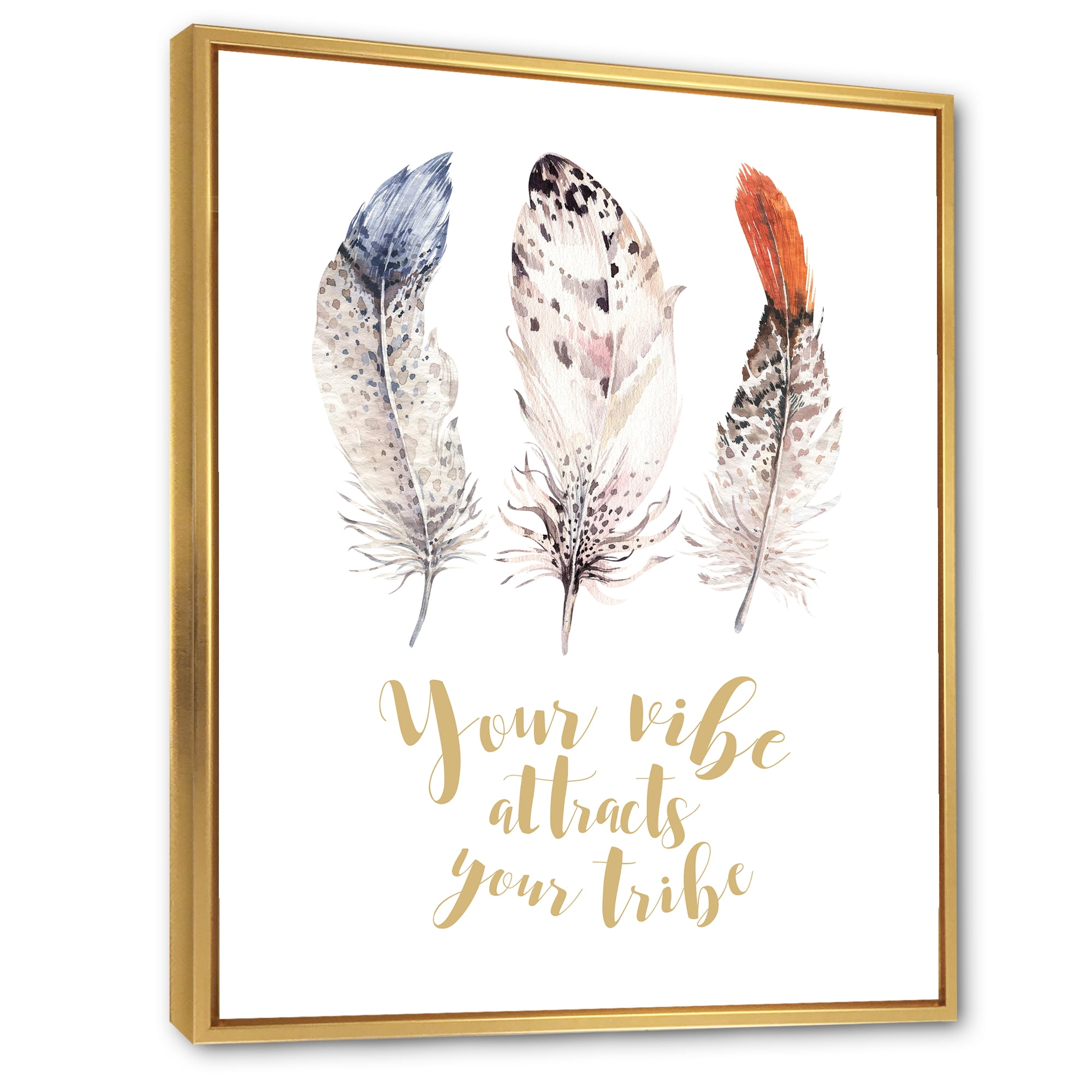 Designart 'Your Vibe Attracts Your Tribe Ethnic Feathers II' Bohemian & Eclectic Framed Canvas Wall Art Print