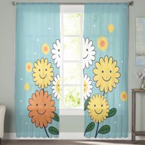 Sheer Curtains 72 inches Long, Abstract Yellow and White Smile Flowers Blue Texture Light Filtering Sheer Window Curtains Rod Pocket Voile Drapes for Bedroom Living Room, 52"W x 72"L 2 Panels
