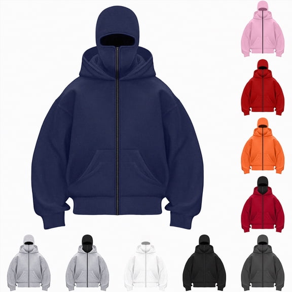 larppty Zip Up Hoodie, Hoodie with Face Mask Built in Balaclava,Ski Mask Balaclava Hoodies for Women (Navy, L)