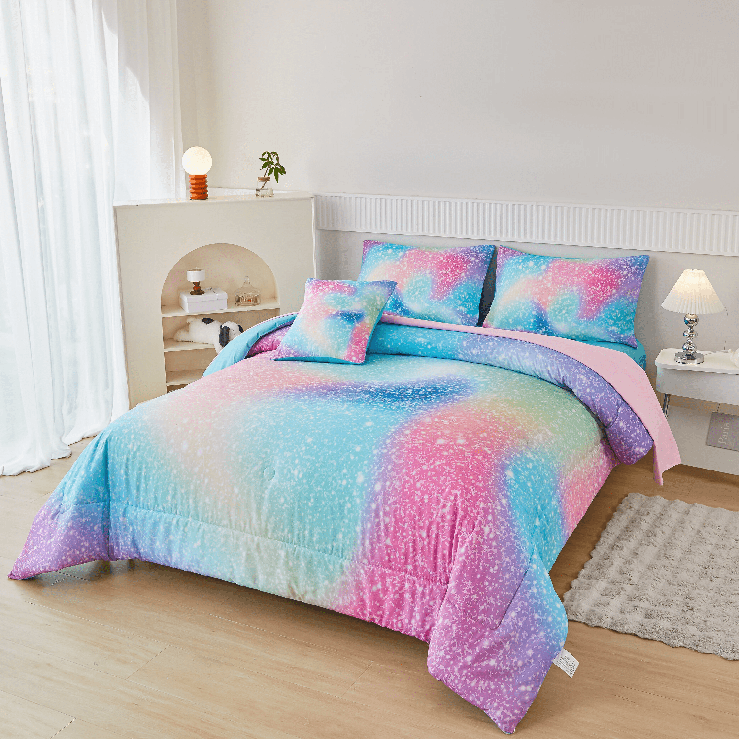 PERFEMET Kids Twin Comforter Set 6-Piece Rainbow  Bedding Set for Girls Teal Pink Galaxy Glitter Star Bed in a Bag for All Season(Rainbow,Twin)