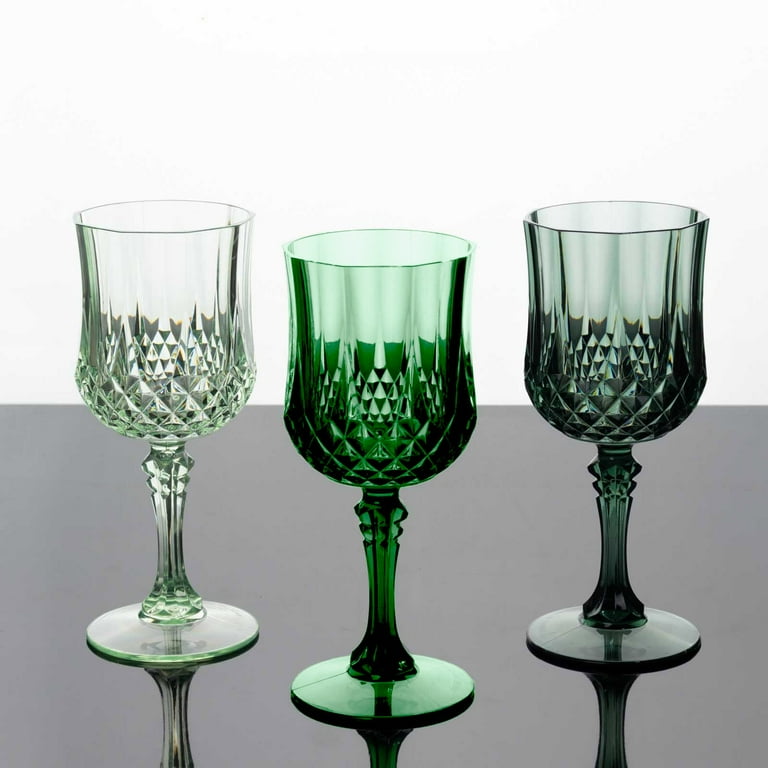 Efavormart 12 Pack Assorted Green Crystal Cut Reusable Plastic Wine Glasses, Shatterproof Cocktail Goblets 8oz