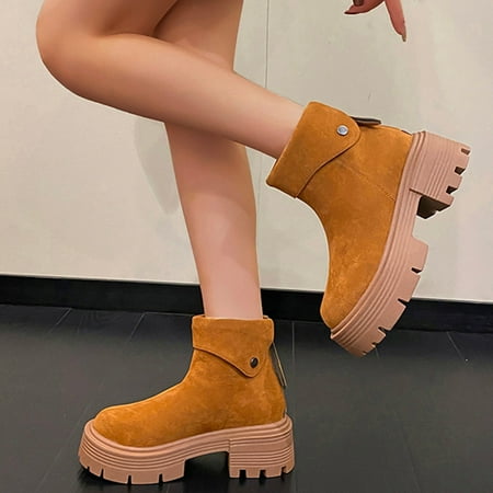 

ERTUTUYI Ladies Fashion Solid Color Suede Round Toe Back Zipper Vintage Platform Booties Yellow 38