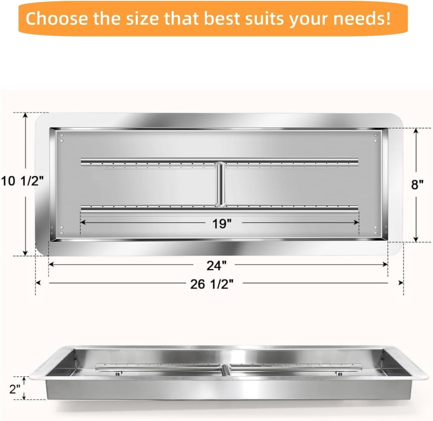 24x8 in Drop in Fire Pit Burner Kit, Stainless Steel Fire Pit Kit with Burner, Hose Kit, Insert Rectangular Fire Pit Burner Pan for Propane, Natural Gas, Outdoor Fire Pit Pan Kit