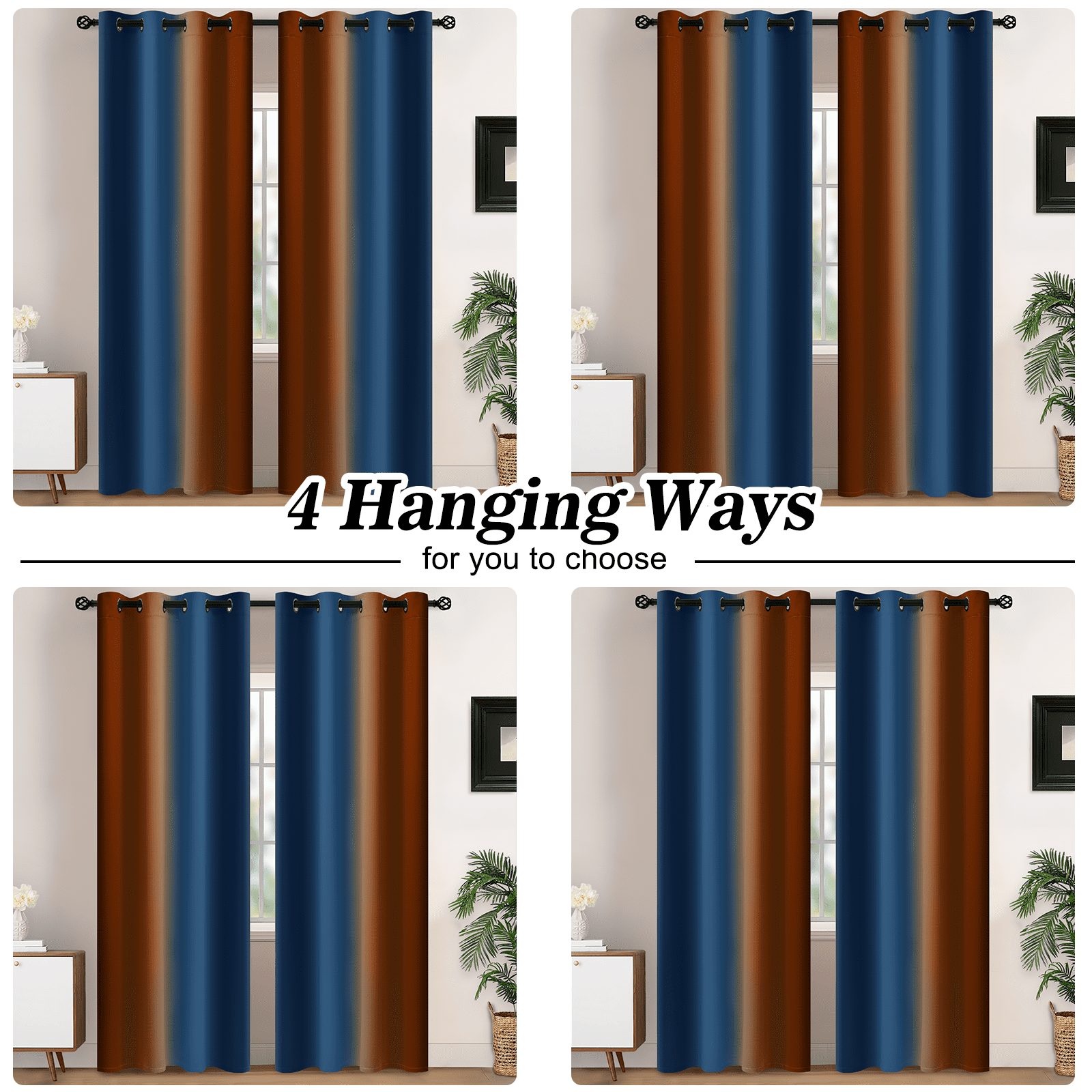 Yakamok Blackout Ombre Dark Blue and Burnt Orange Curtains for Bedroom, Gradient Room Darkening Curtains, Grommet Thermal Insulated Light Blocking Window Curtain for Living Room,52 x 84 Inch,2 Panels
