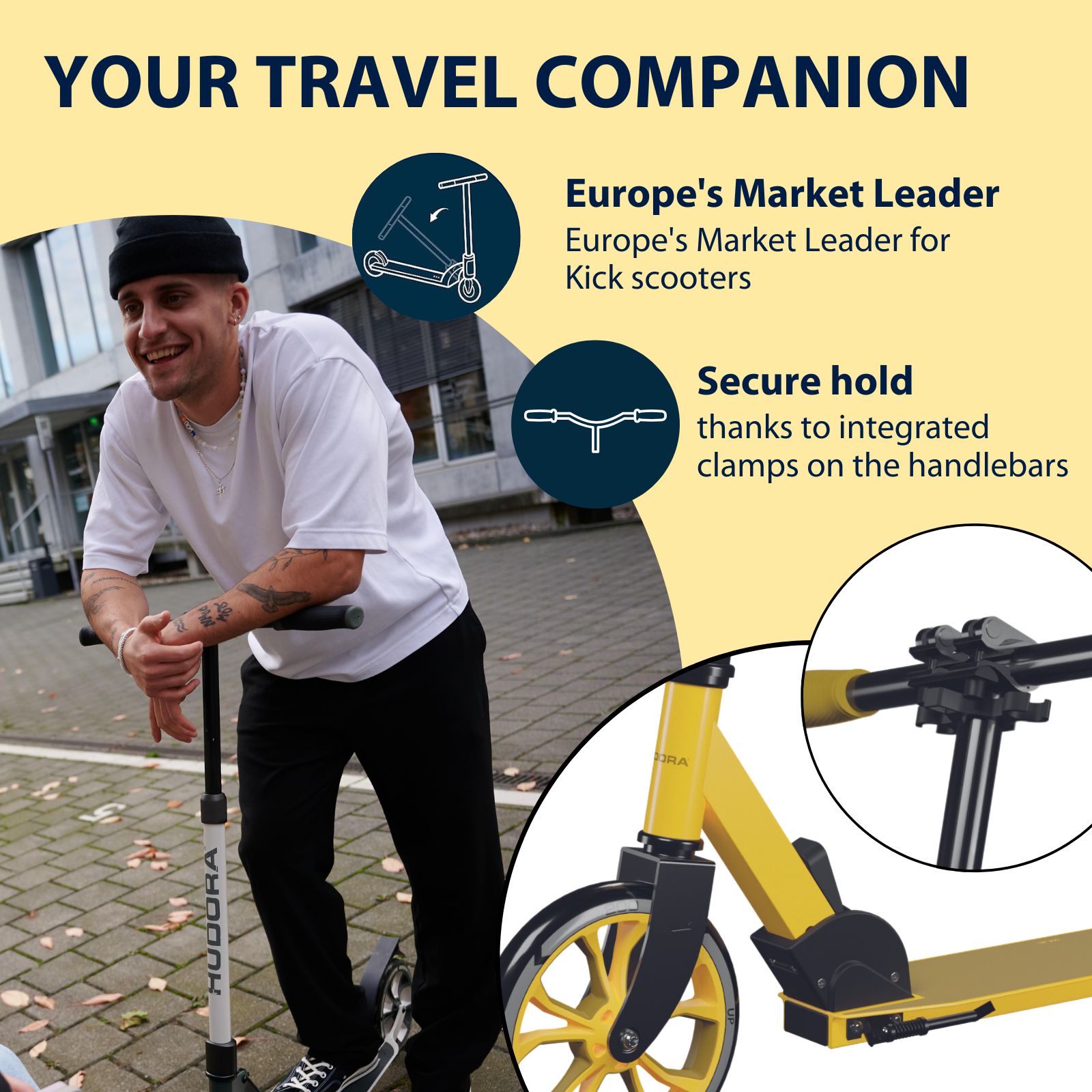 Hudora Scooter Up 200 (78") Canary - Lightweight - for Teens, Kids & Adults - up to 220lb