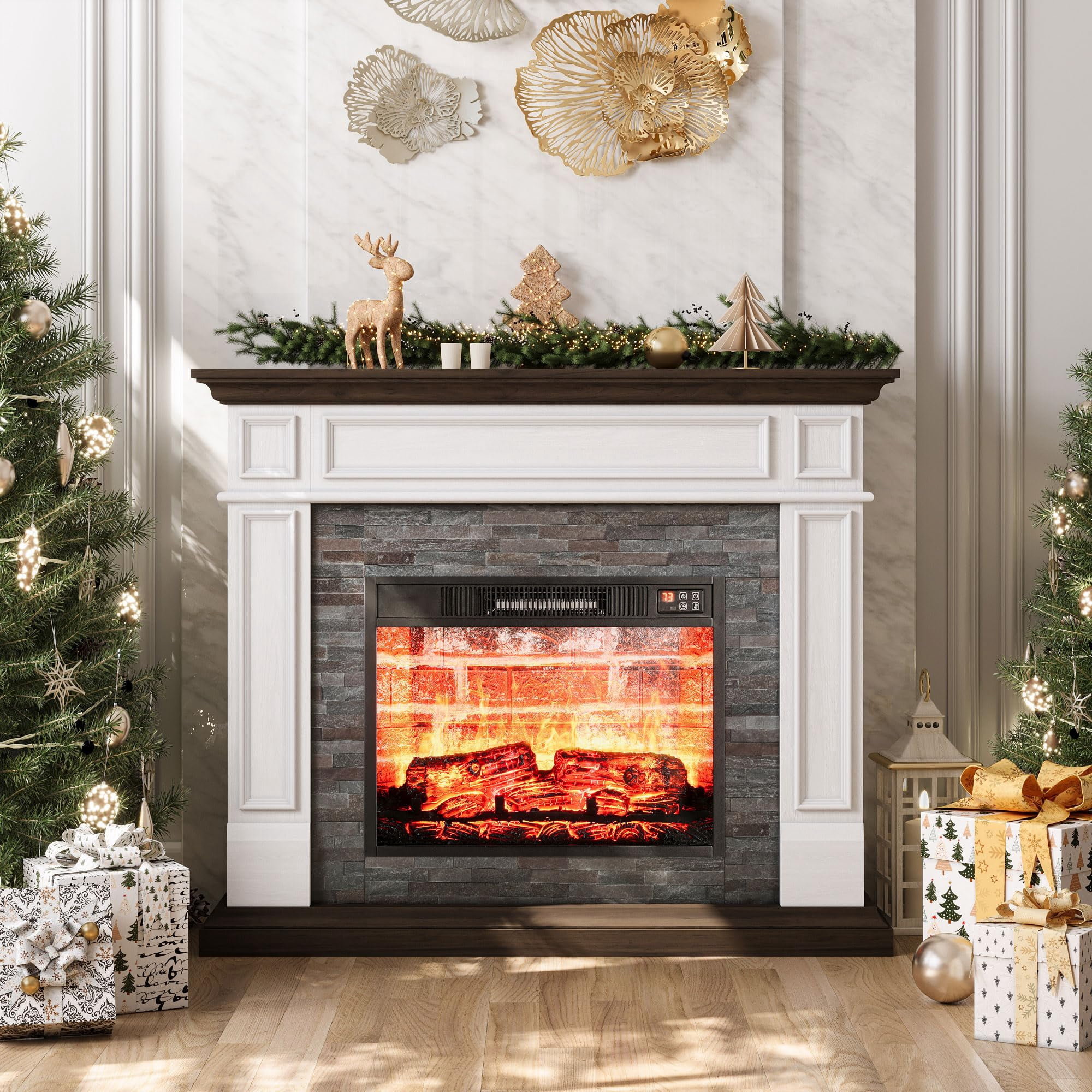 Holliwill Electric Fireplace Mantel, 44" Freestanding Fireplace Heater with Stacked Stone Surround Firebox, 1400W, White Brown
