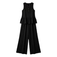 thumbnail image 6 of Women's Cotton Linen 2-Piece Outfit Sleeveless Ruffle Hem Tank Top Wide Leg Pants with Pockets Casual Summer Set Black XL(XL), 6 of 6
