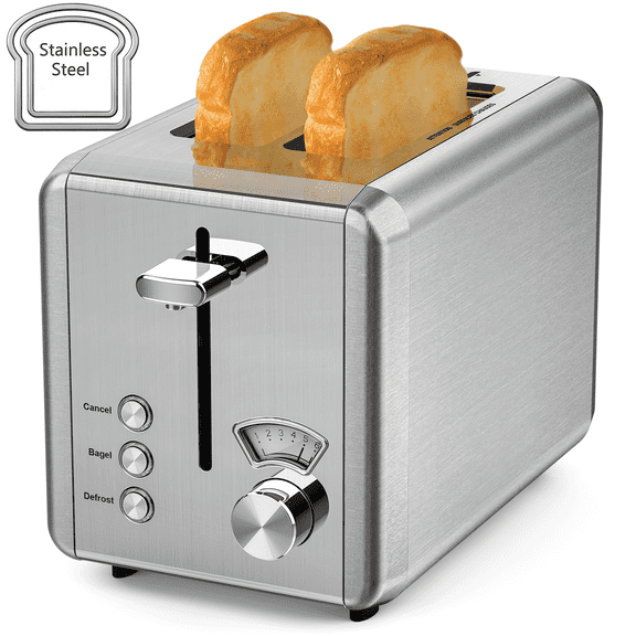 WHALL 2 Slice Toaster - Stainless Steel Toaster with Wide Slot, 6 Shade Settings, Bagel Function, Silver